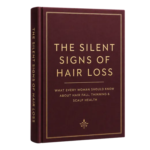THE SILENT SIGNS OF HAIR LOSS — What Every Woman Should Know About Hair Fall, Thinning & Scalp Health, shown as a 3D e-book cover mockup