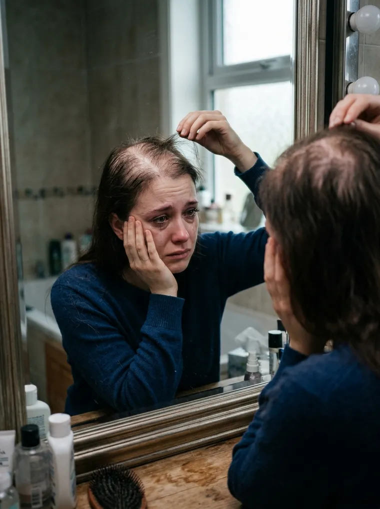 A woman looking in the bathroom mirror, upset as she lifts her hair to reveal a widening part and thinning hairline
