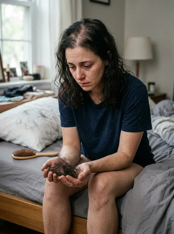 A woman sitting on her bed holding a handful of shed hair, looking upset